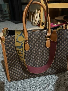 Designer-Inspired Brown Patterned Tote Bag with Tan Trim